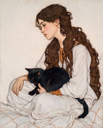 Girl with Black Cat Illustration Poster. poster print