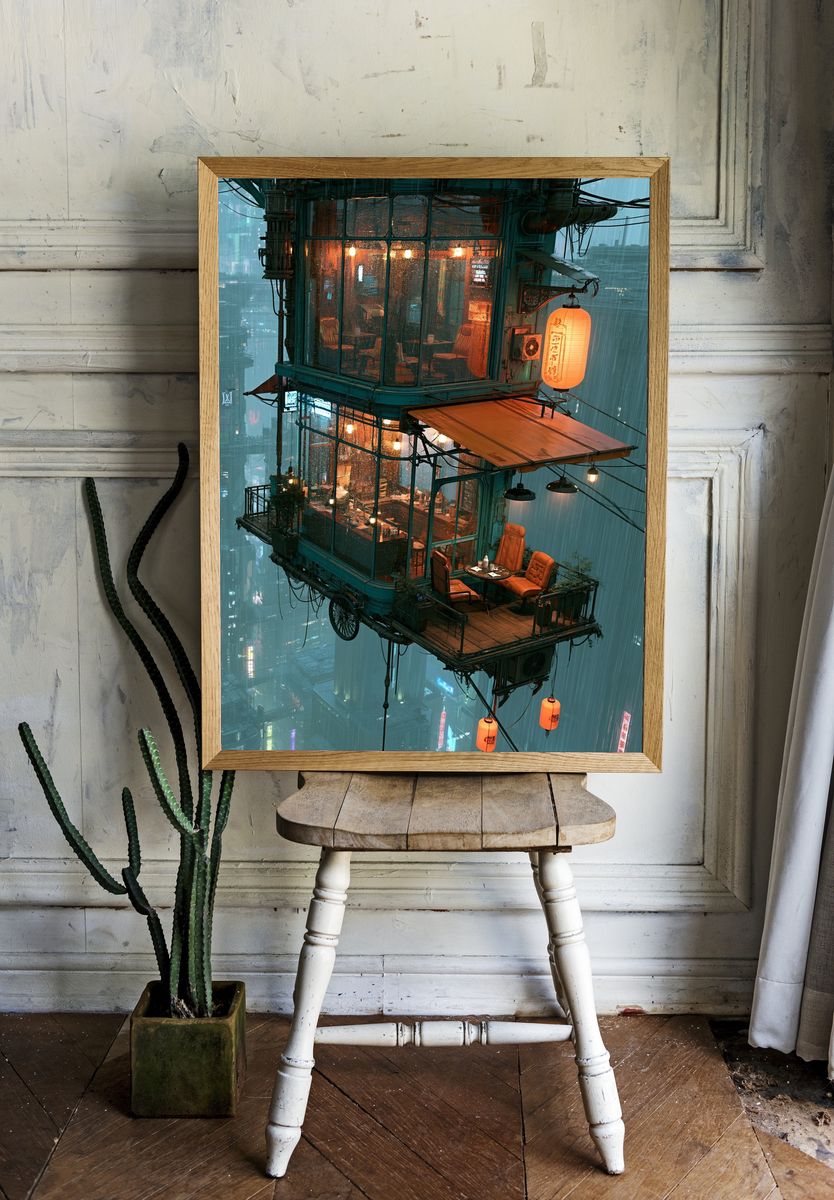 Rainy Cyberpunk Teahouse Poster. — room view 1