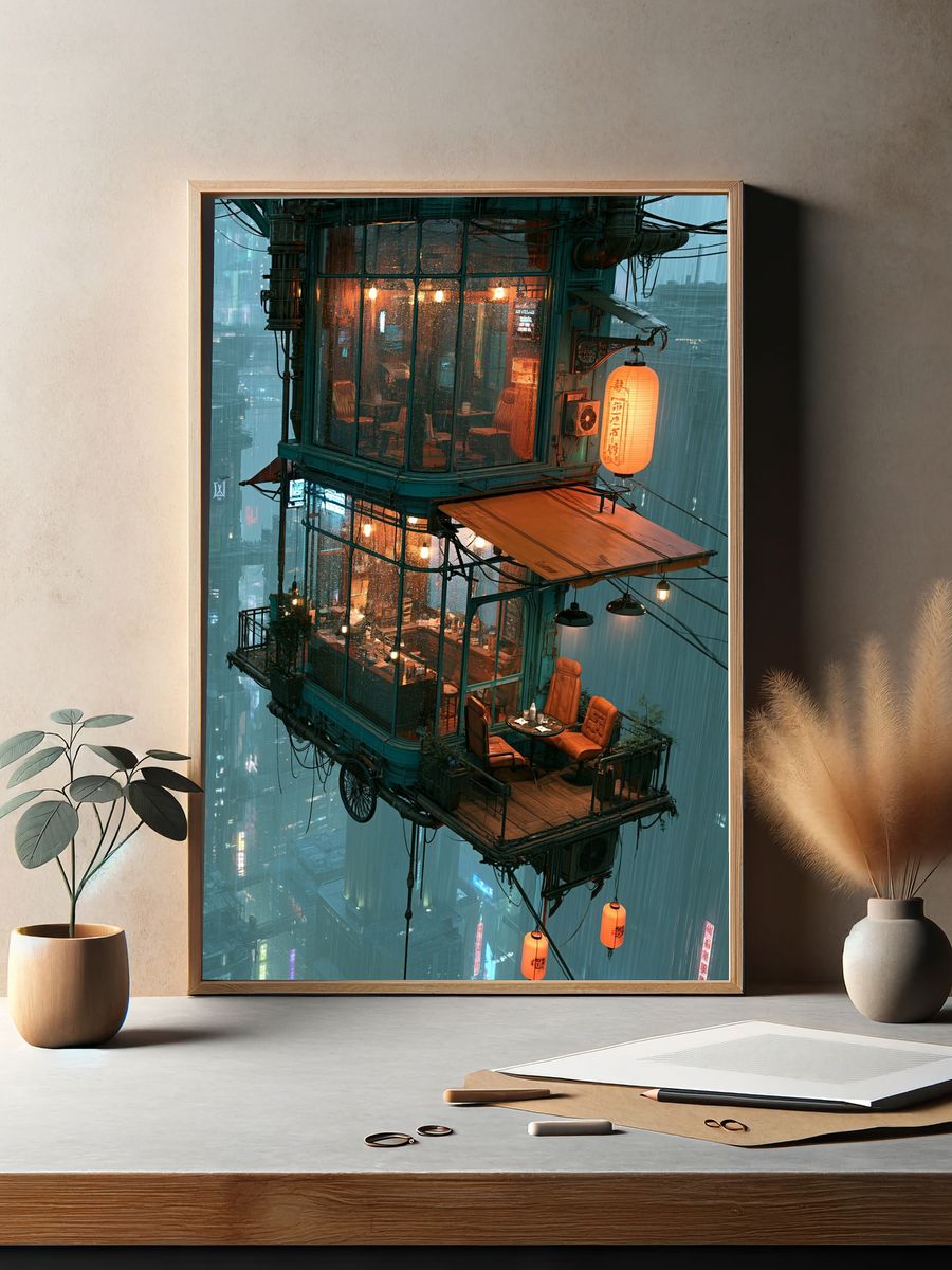 Rainy Cyberpunk Teahouse Poster. — room view 2