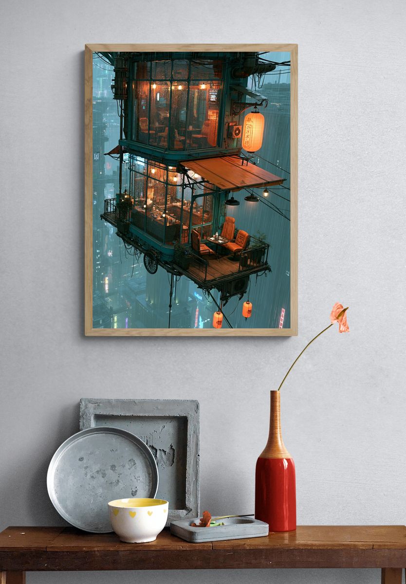 Rainy Cyberpunk Teahouse Poster. — room view 3