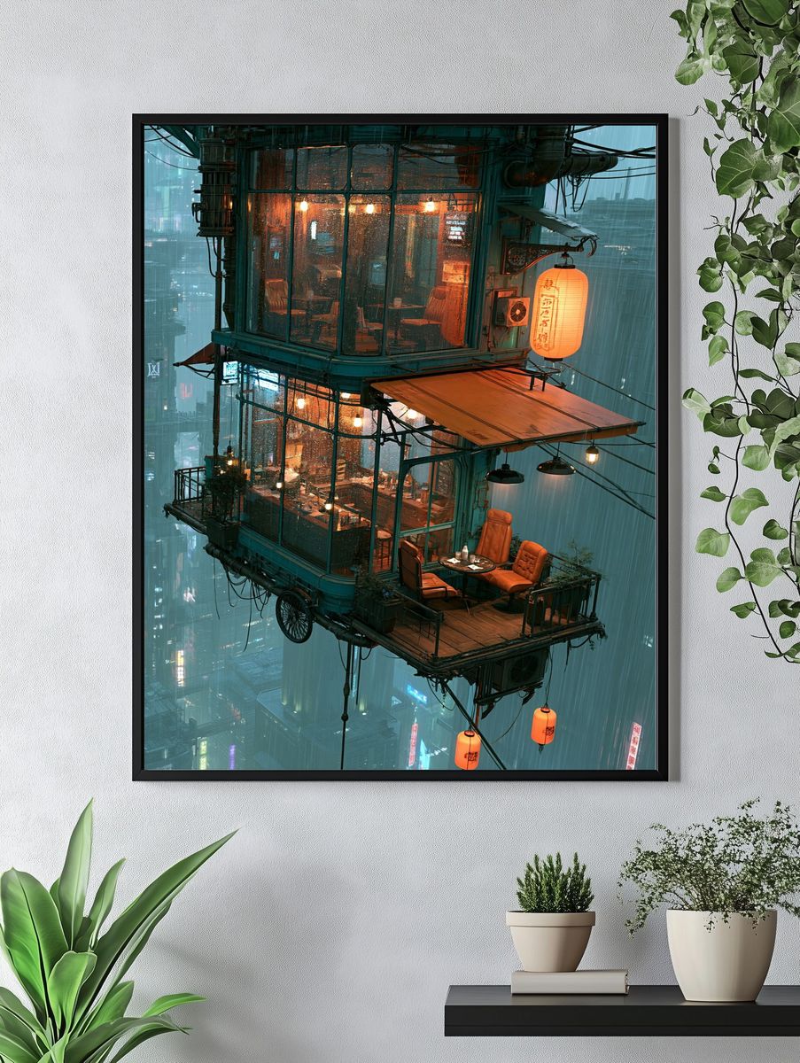 Rainy Cyberpunk Teahouse Poster. — room view 4