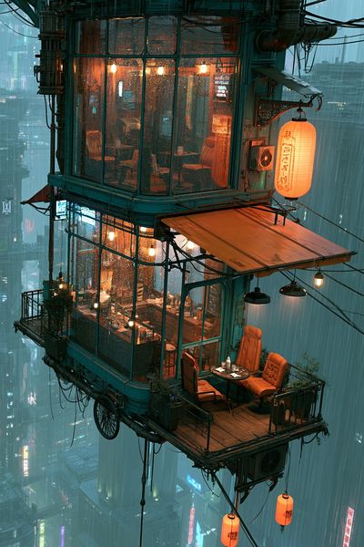 Rainy Cyberpunk Teahouse Poster.
