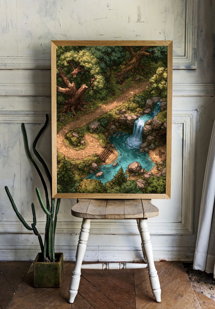 Enchanted Forest Waterfall Illustration Poster. room preview