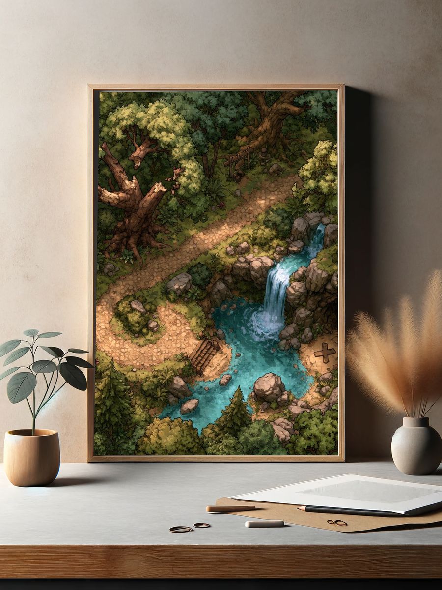 Enchanted Forest Waterfall Illustration Poster. — room view 2