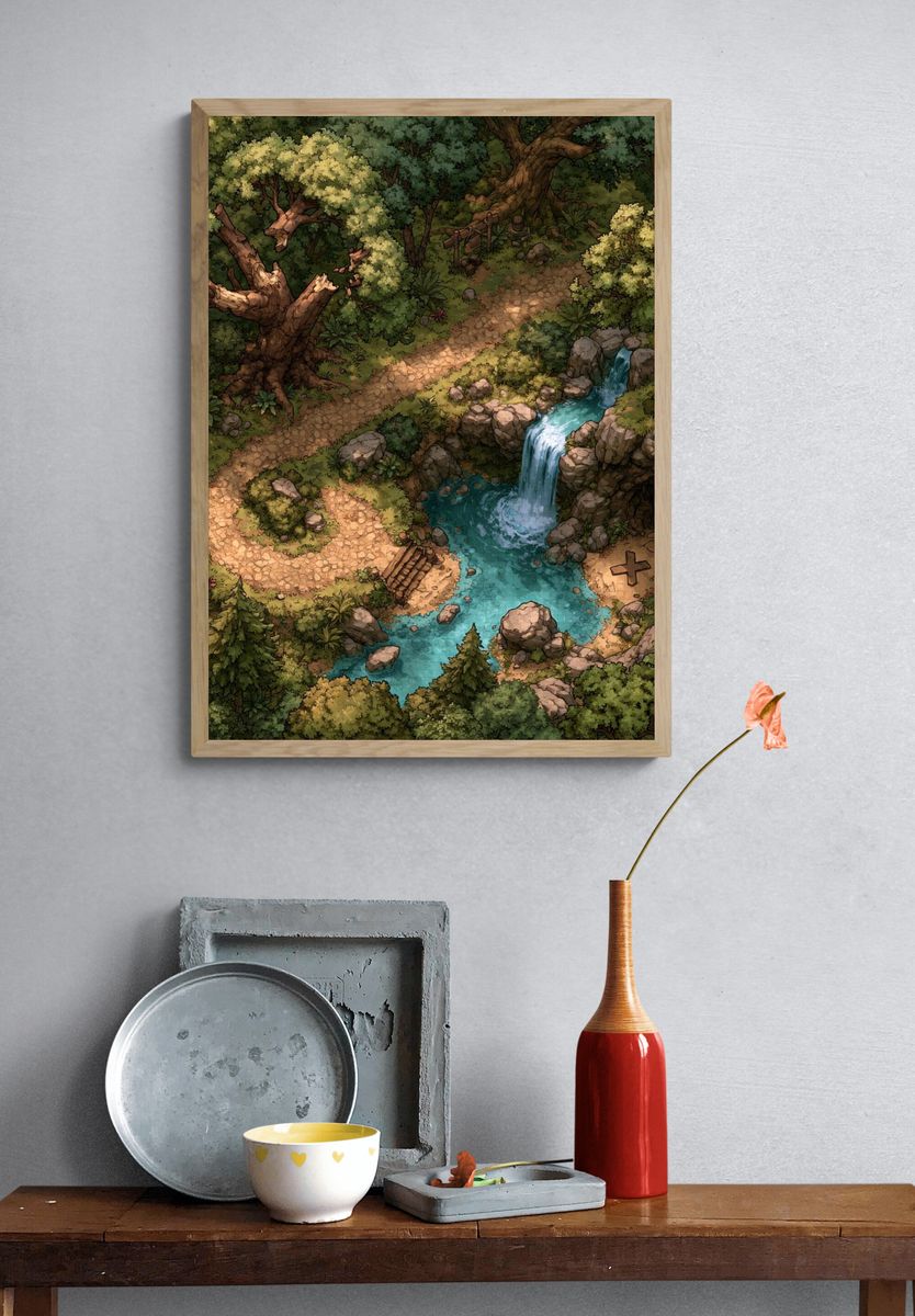 Enchanted Forest Waterfall Illustration Poster. — room view 3