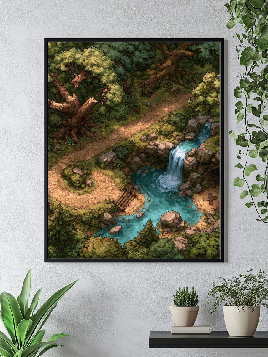 Enchanted Forest Waterfall Illustration Poster. — room view 4