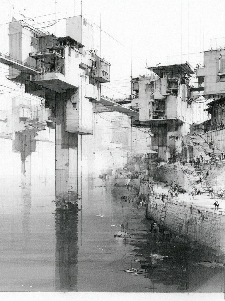 Monochrome Futuristic Cityscape Print. poster detail
