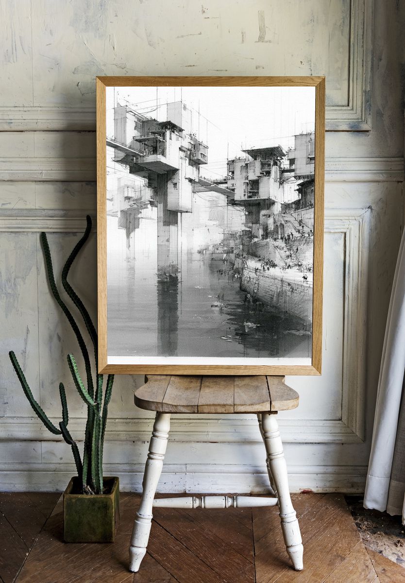 Monochrome Futuristic Cityscape Print. — room view 1