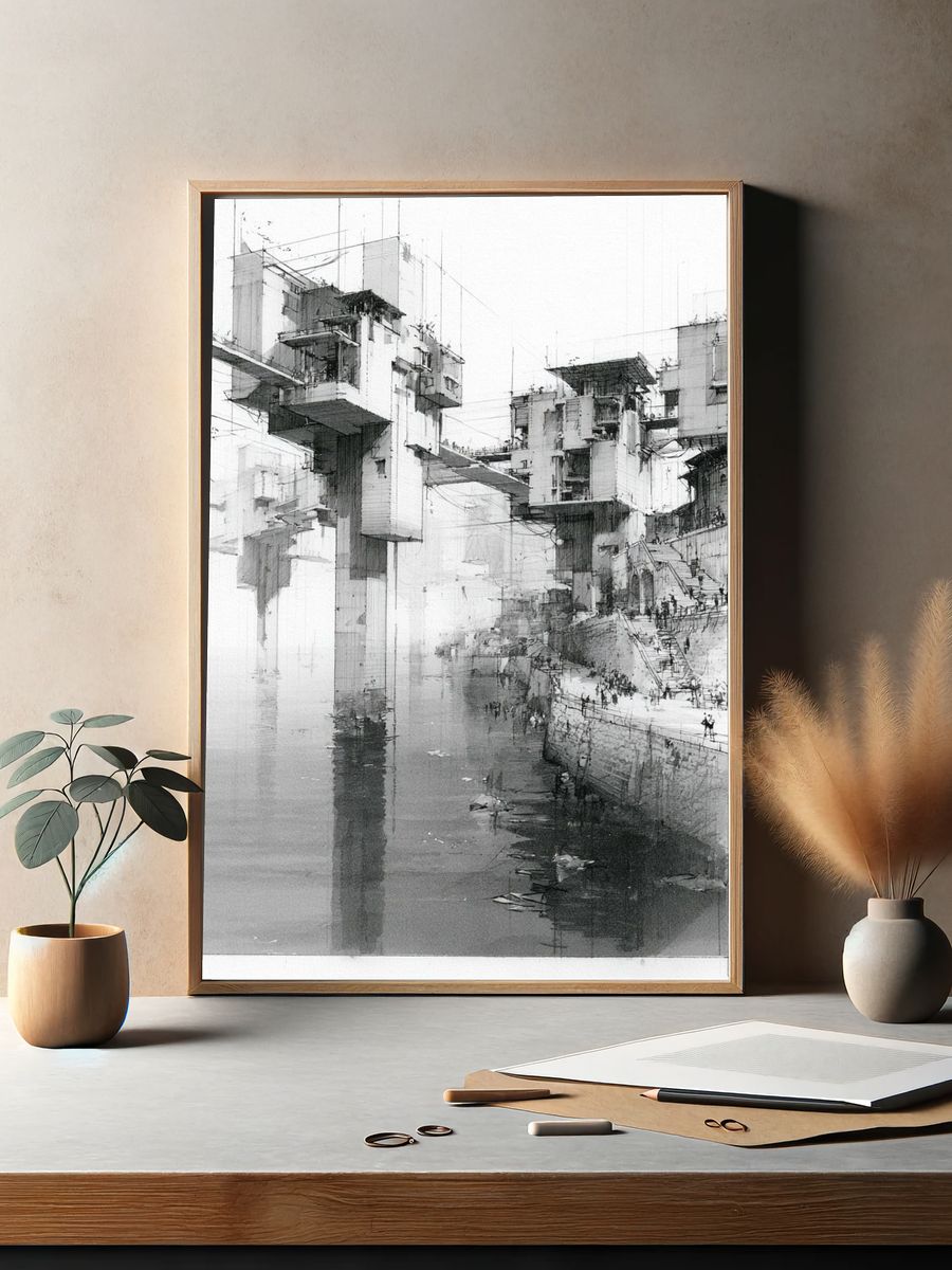 Monochrome Futuristic Cityscape Print. — room view 2