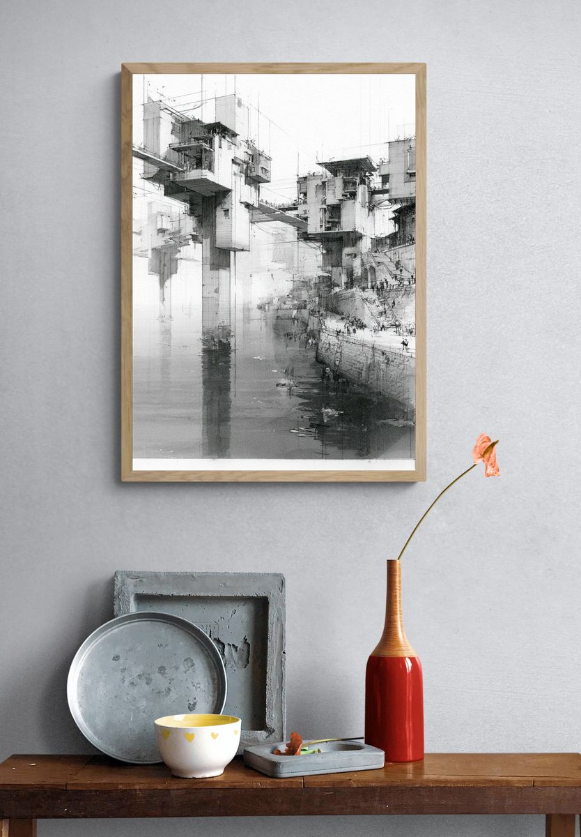 Monochrome Futuristic Cityscape Print. — room view 3