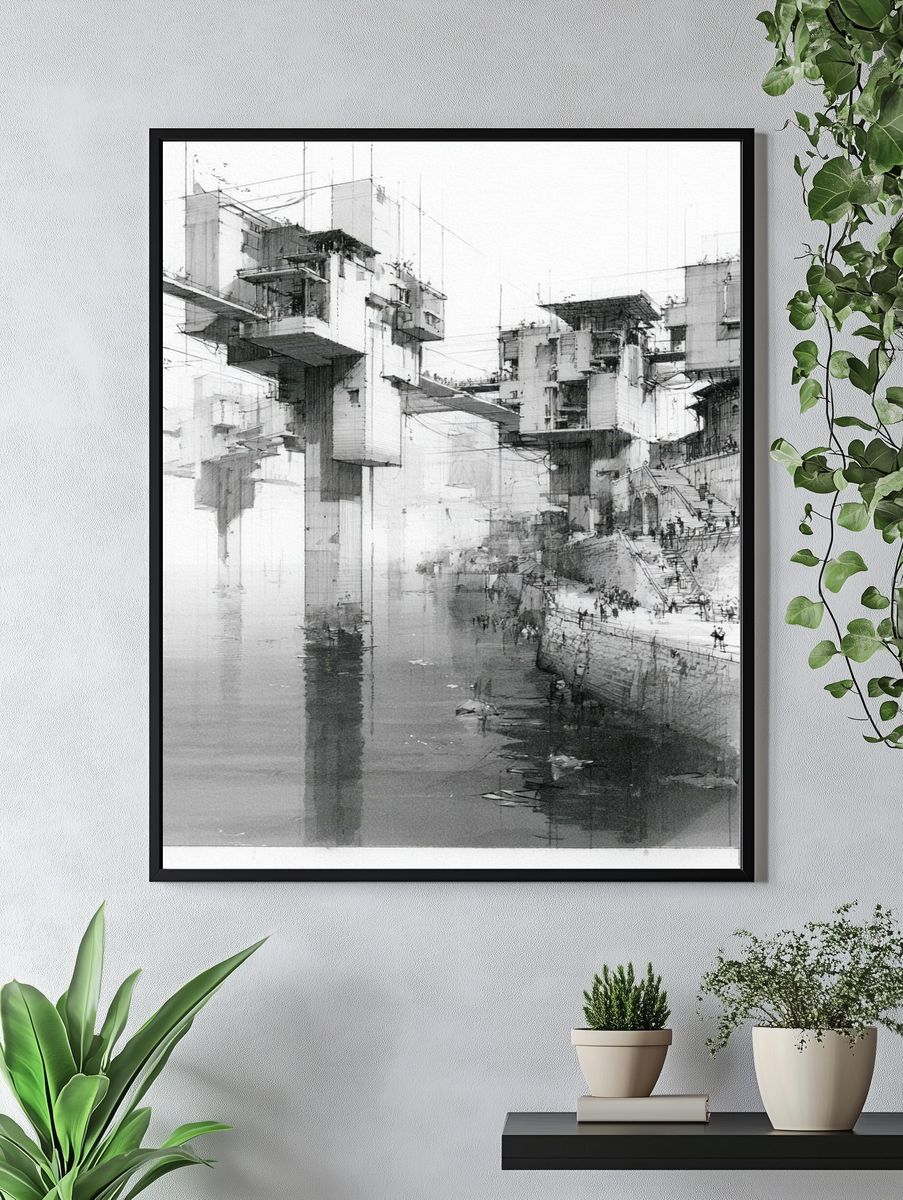 Monochrome Futuristic Cityscape Print. — room view 4
