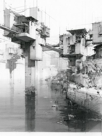 Monochrome Futuristic Cityscape Print. poster
