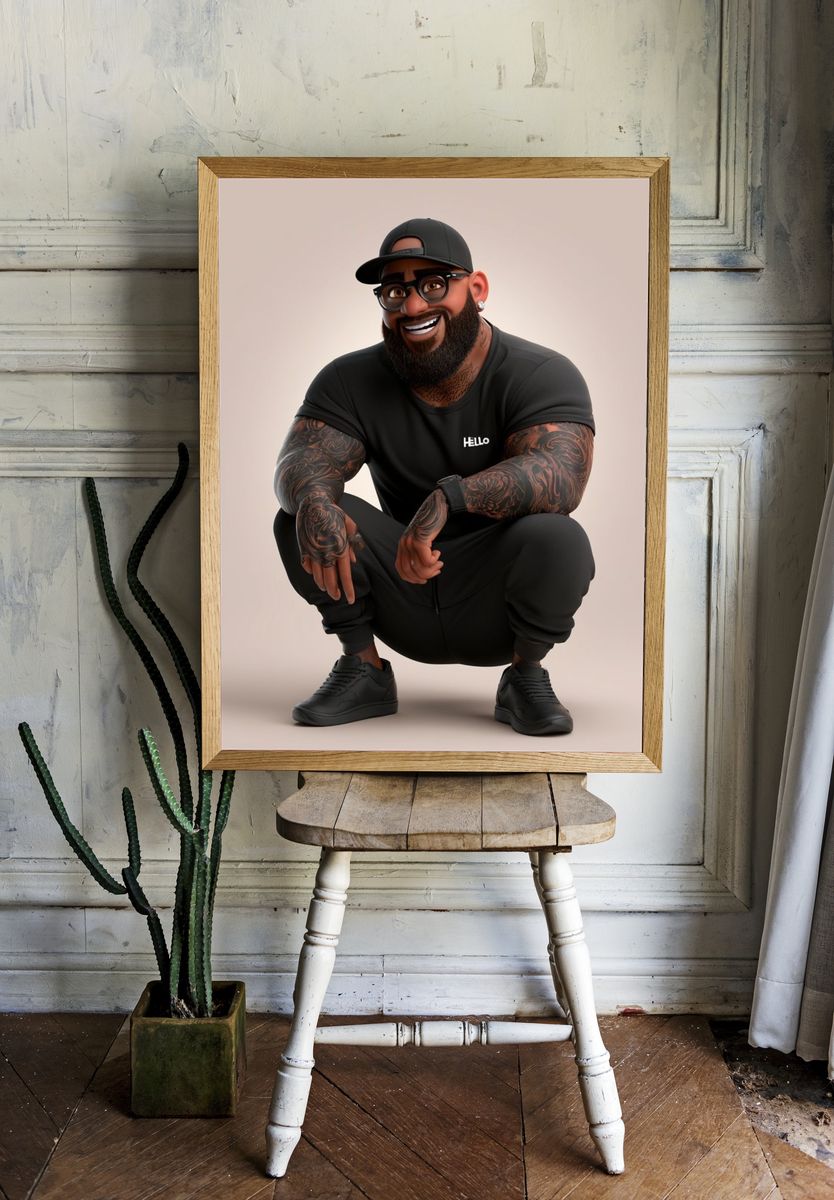 Smiling Tattooed Man Portrait Print. room preview