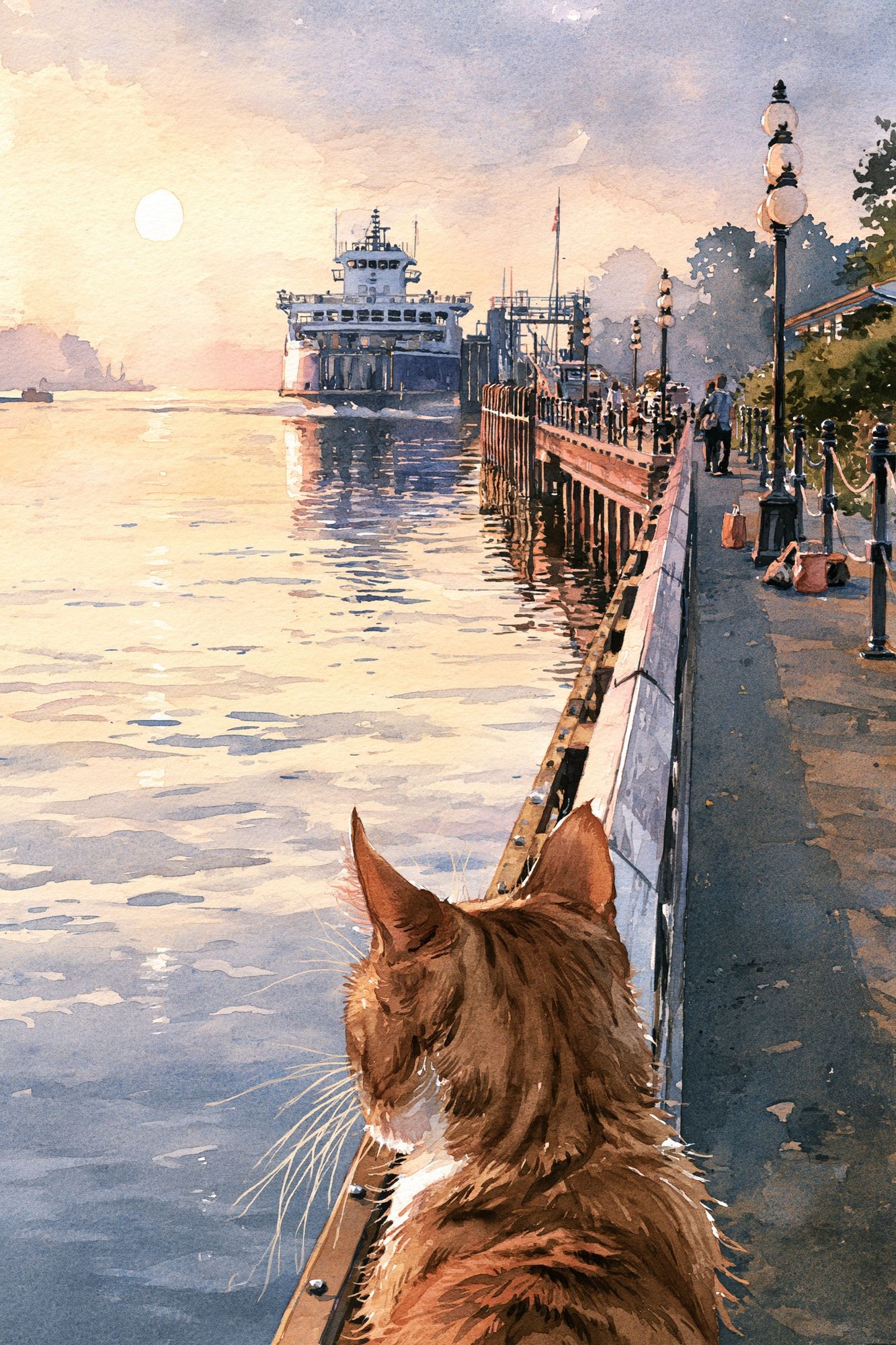 Cat by the Harbor Watercolor Print. poster — illustration art