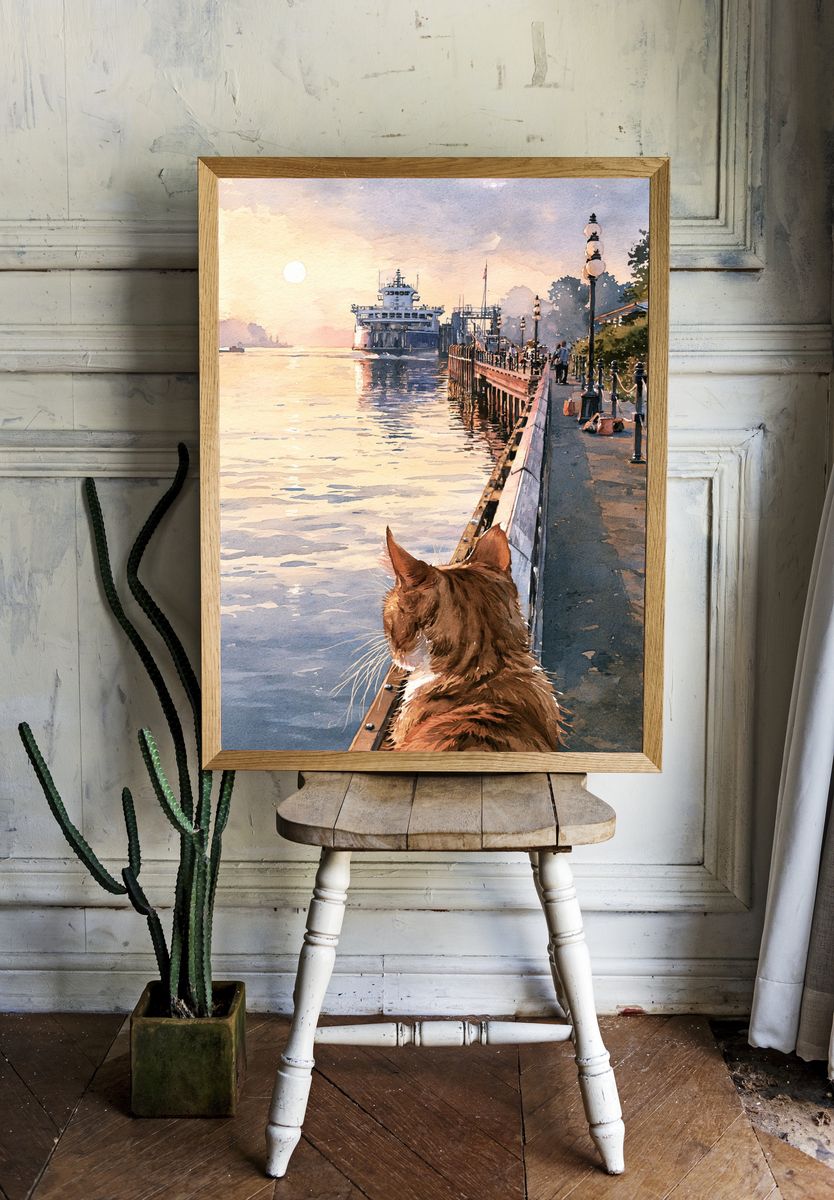 Cat by the Harbor Watercolor Print. room preview