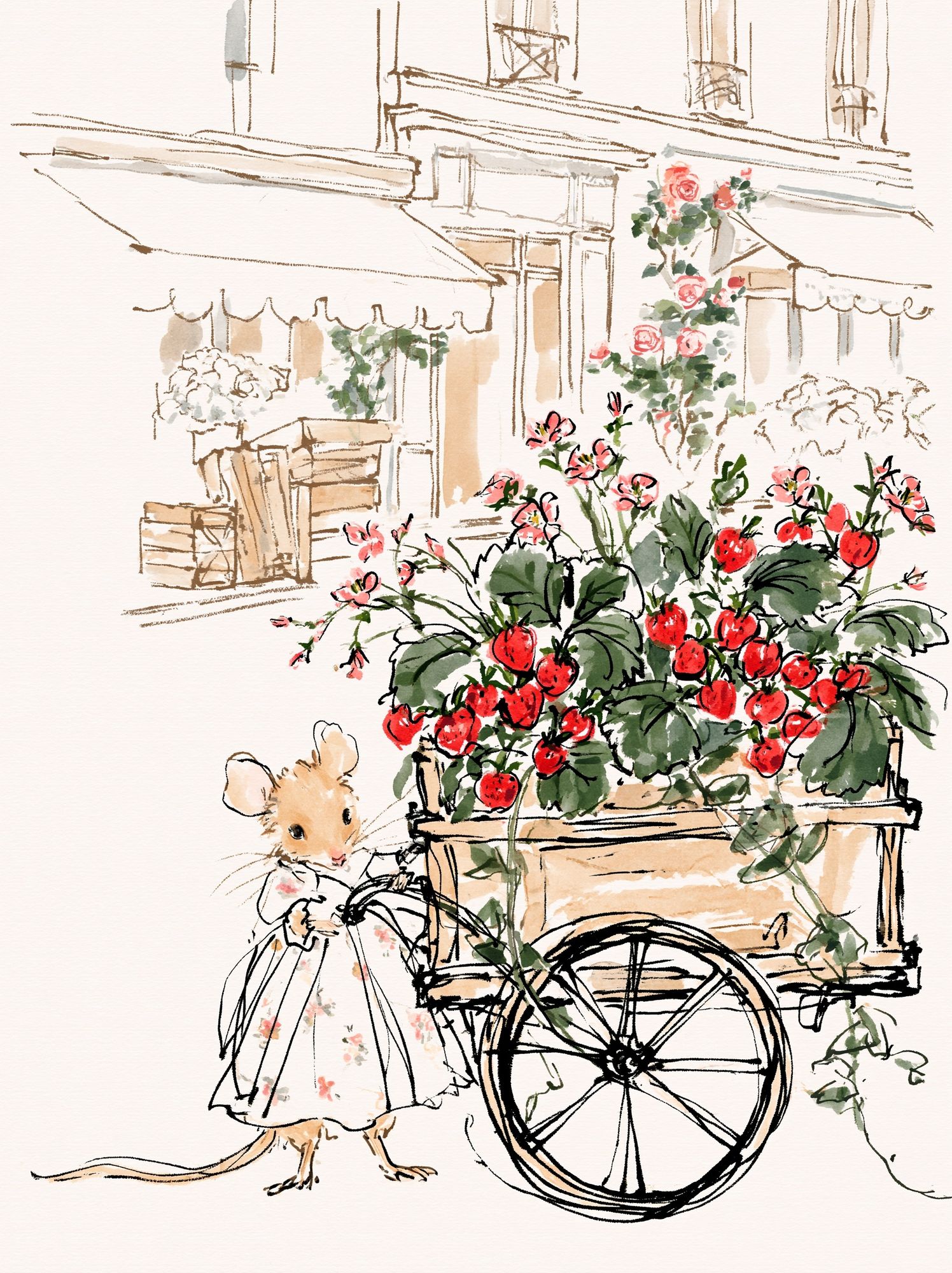 Mouse Strawberry Cart Illustration Poster. poster — illustration art