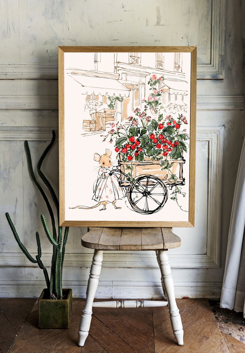 Mouse Strawberry Cart Illustration Poster. room preview