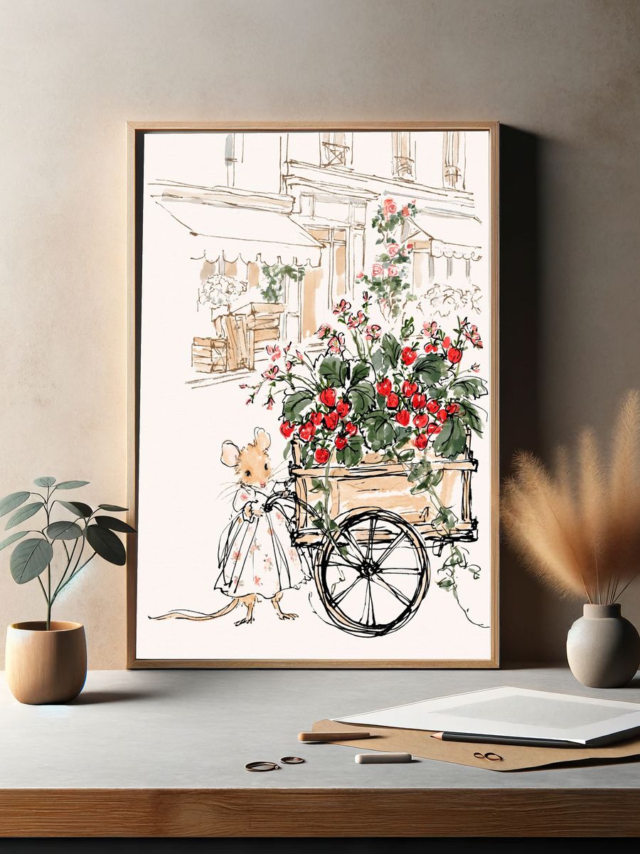 Mouse Strawberry Cart Illustration Poster. — room view 2