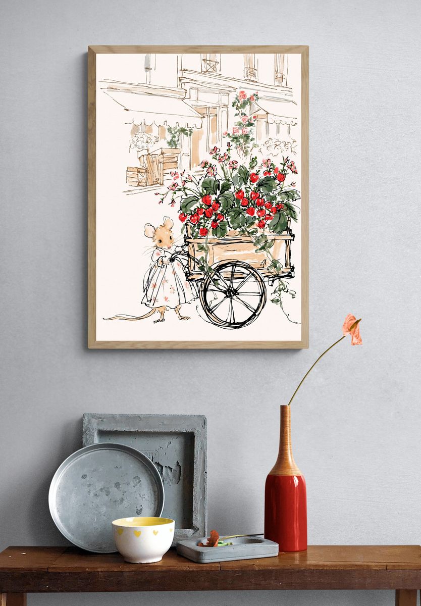 Mouse Strawberry Cart Illustration Poster. — room view 3