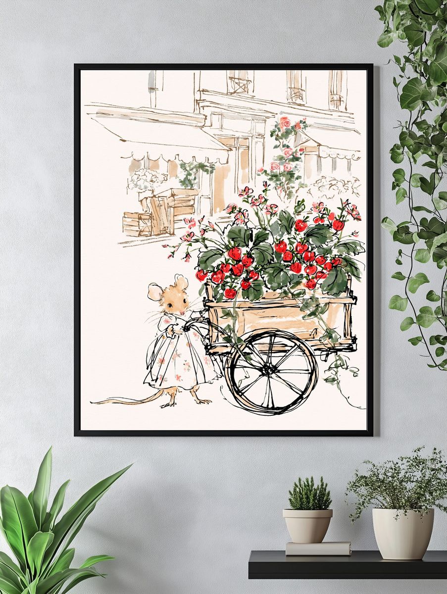 Mouse Strawberry Cart Illustration Poster. — room view 4