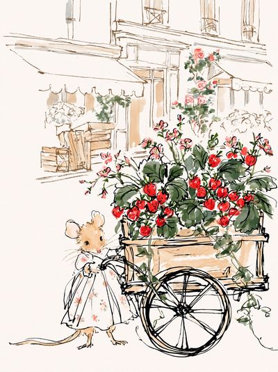 Mouse Strawberry Cart Illustration Poster.