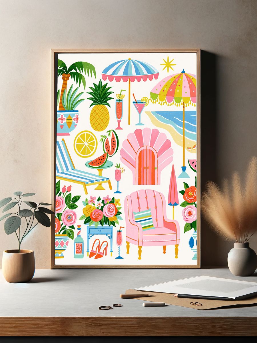 Tropical Summer Collage Illustration Poster. — room view 2