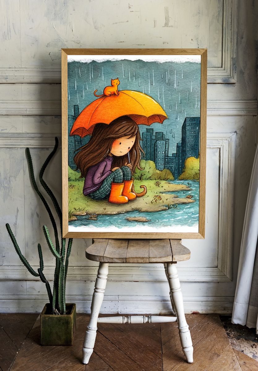 Rainy Day Girl Illustration Poster. — room view 1