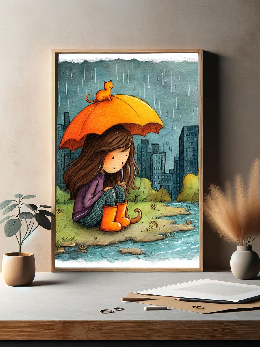 Rainy Day Girl Illustration Poster. — room view 2
