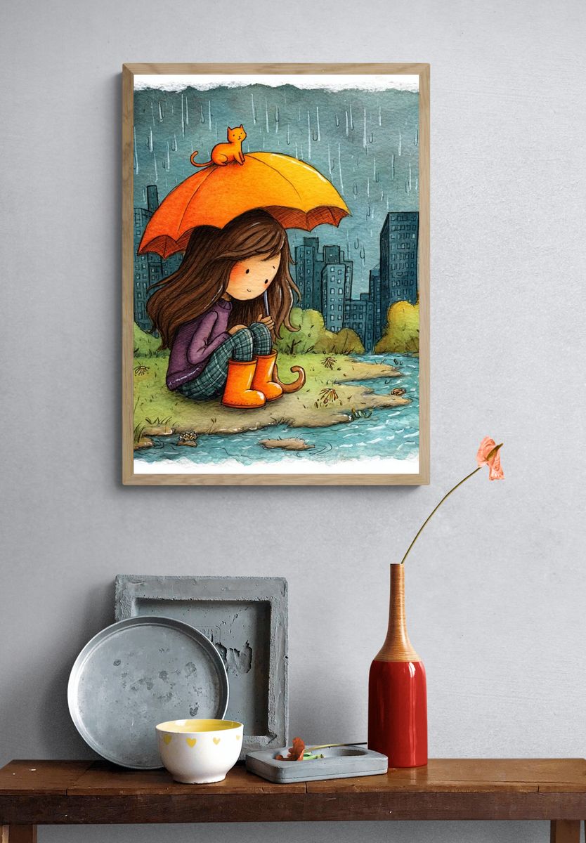 Rainy Day Girl Illustration Poster. — room view 3