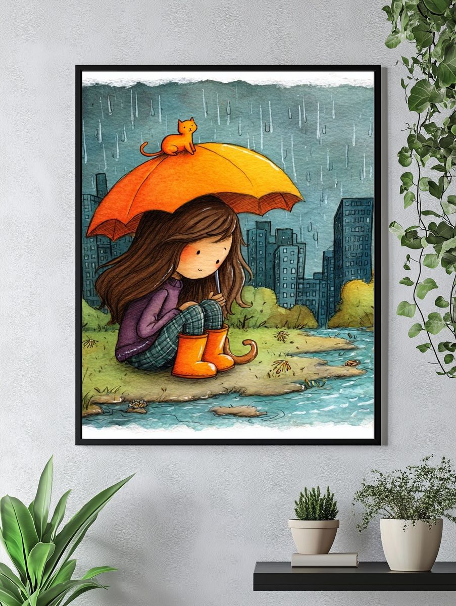 Rainy Day Girl Illustration Poster. — room view 4