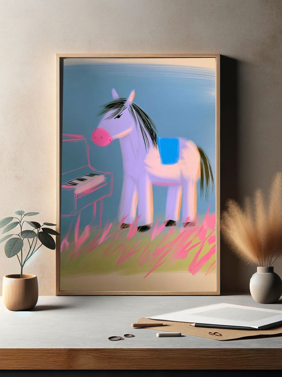 Whimsical Pony Piano Illustration Poster. — room view 2