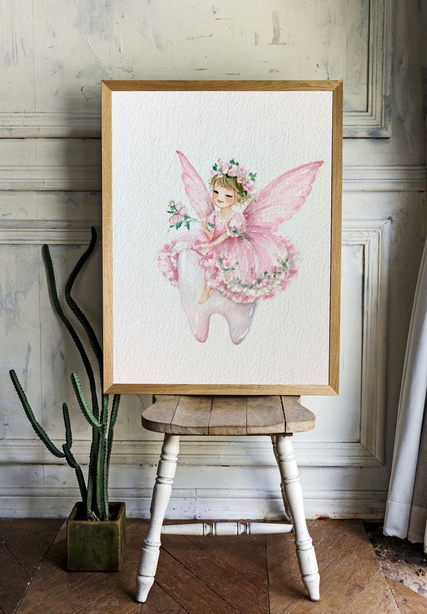 Pink Fairy Watercolor Print. room preview