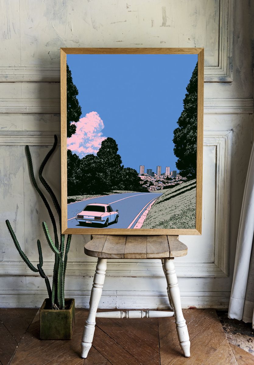Retro City Drive Illustration Poster. — room view 1