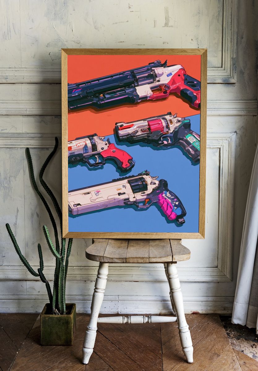 Futuristic Sci-Fi Pistols Illustration Poster. — room view 1