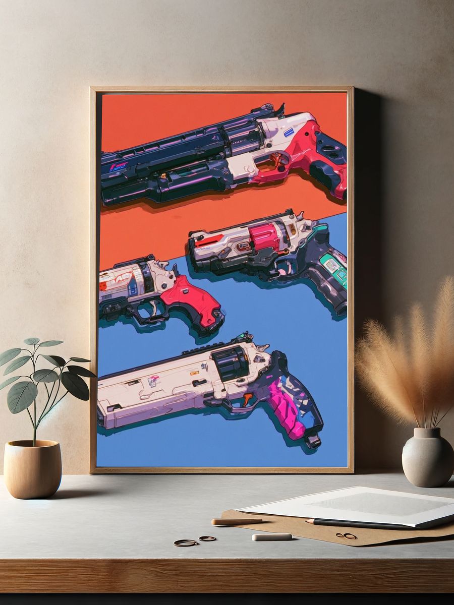 Futuristic Sci-Fi Pistols Illustration Poster. — room view 2