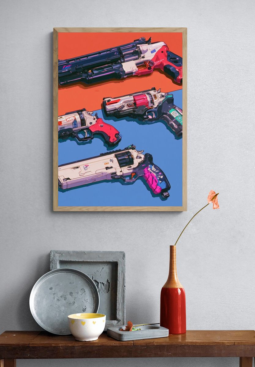 Futuristic Sci-Fi Pistols Illustration Poster. — room view 3