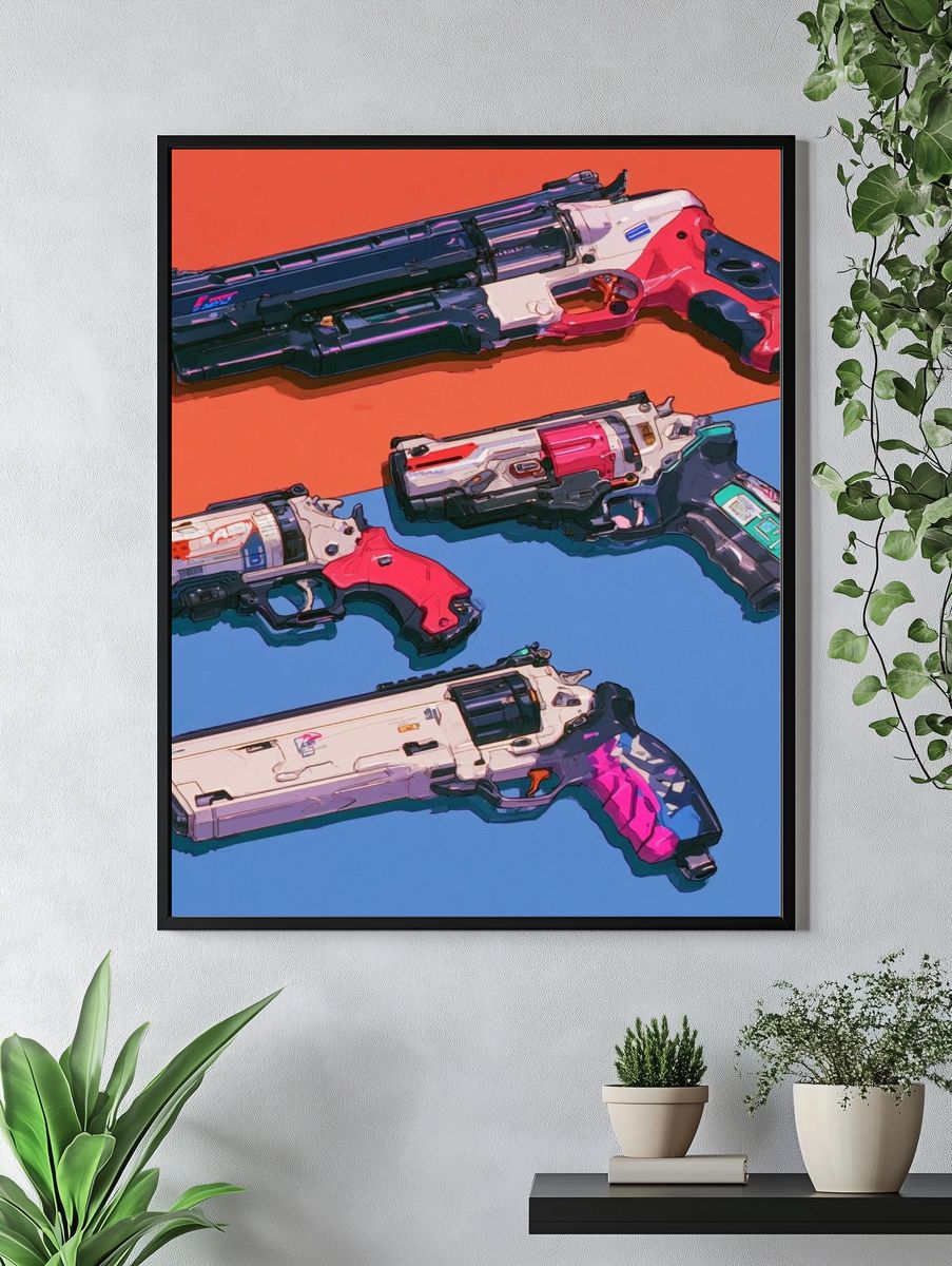 Futuristic Sci-Fi Pistols Illustration Poster. — room view 4