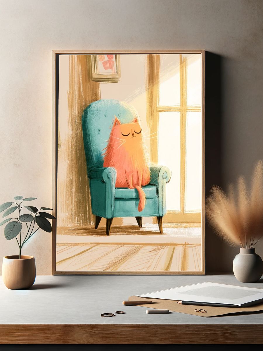 Cat in Armchair Illustration Poster. — room view 2