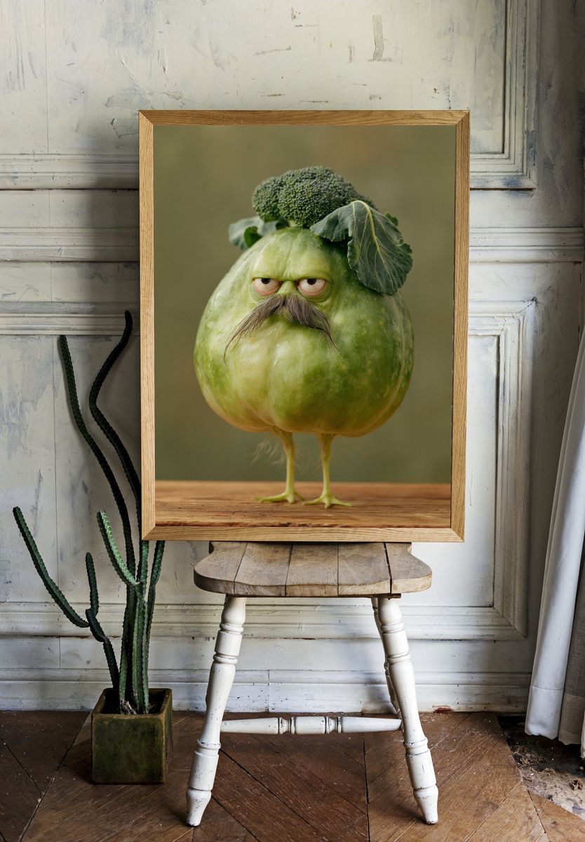 Broccoli Bird Portrait Print. room preview