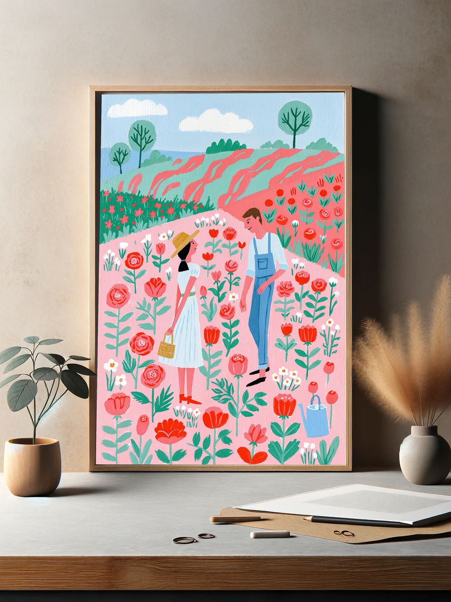 Flower Garden Couple Illustration Poster. — room view 2