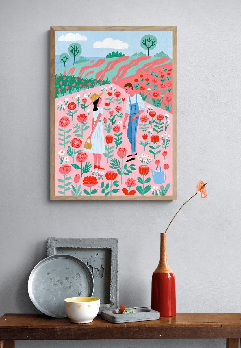 Flower Garden Couple Illustration Poster. — room view 3