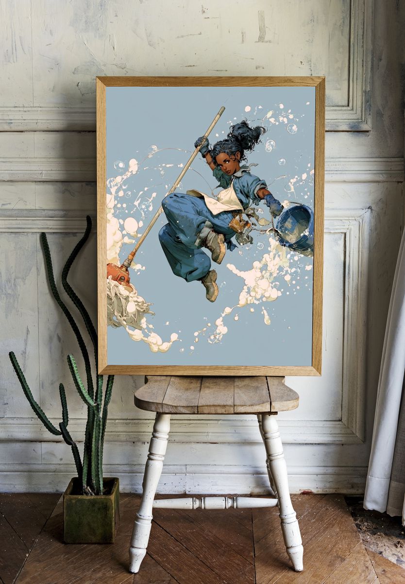Dynamic Mop Warrior Illustration Poster. — room view 1