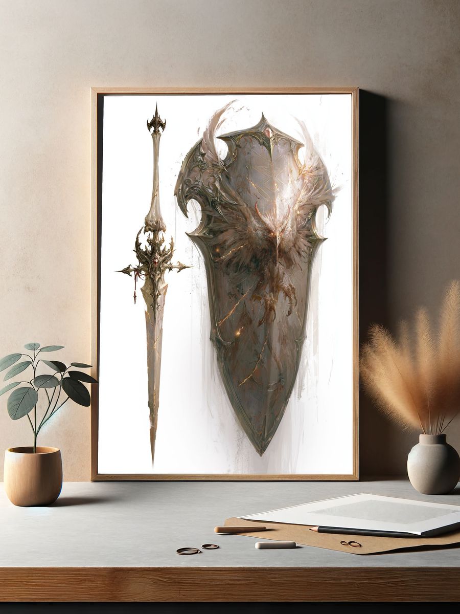 Fantasy Shield and Sword Illustration Poster. — room view 2