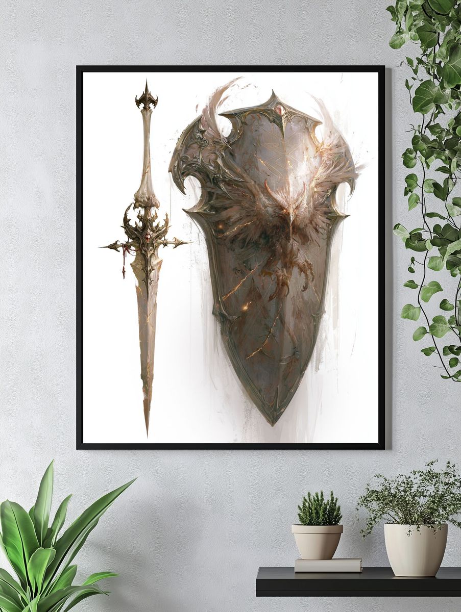 Fantasy Shield and Sword Illustration Poster. — room view 4