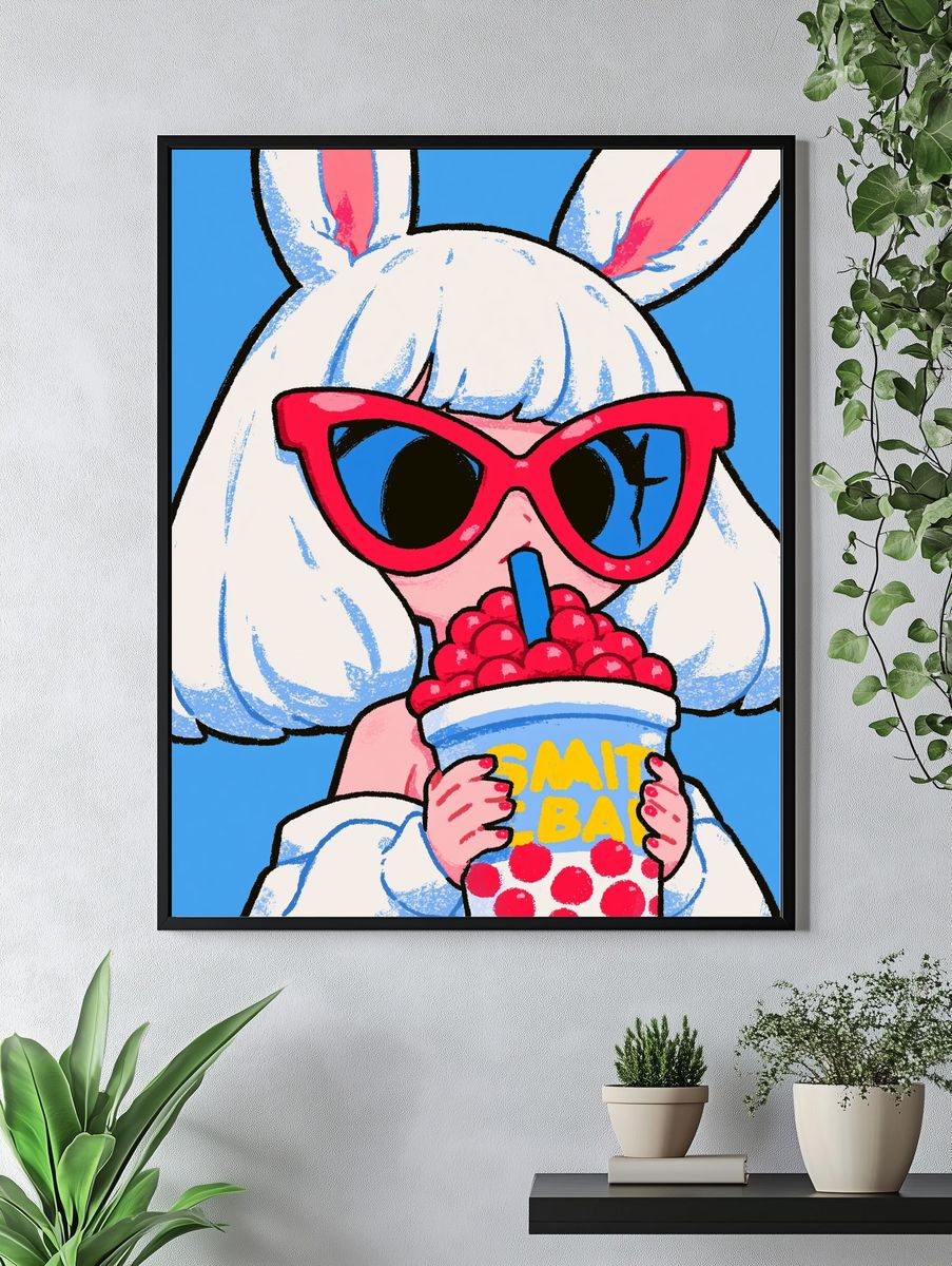 Bunny with Bubble Tea Illustration Poster. — room view 4