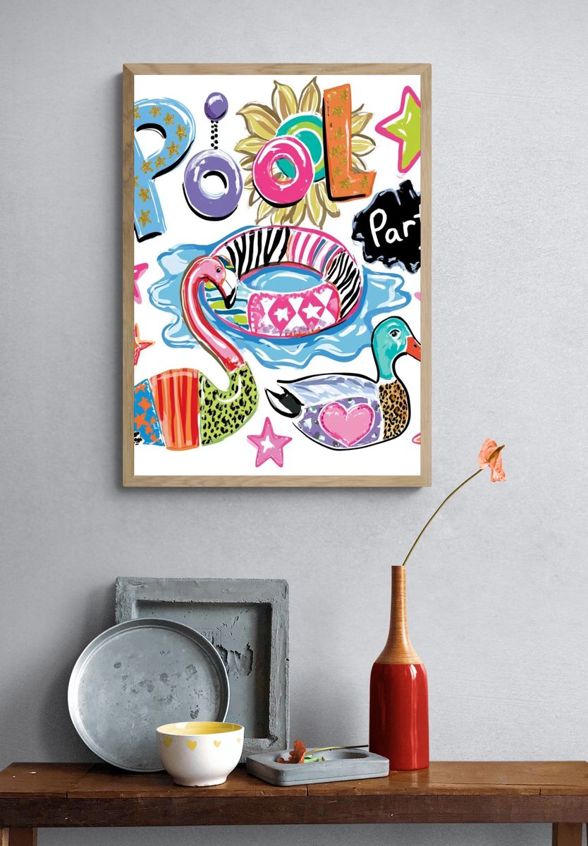 Pool Party Animals Illustration Poster. — room view 3