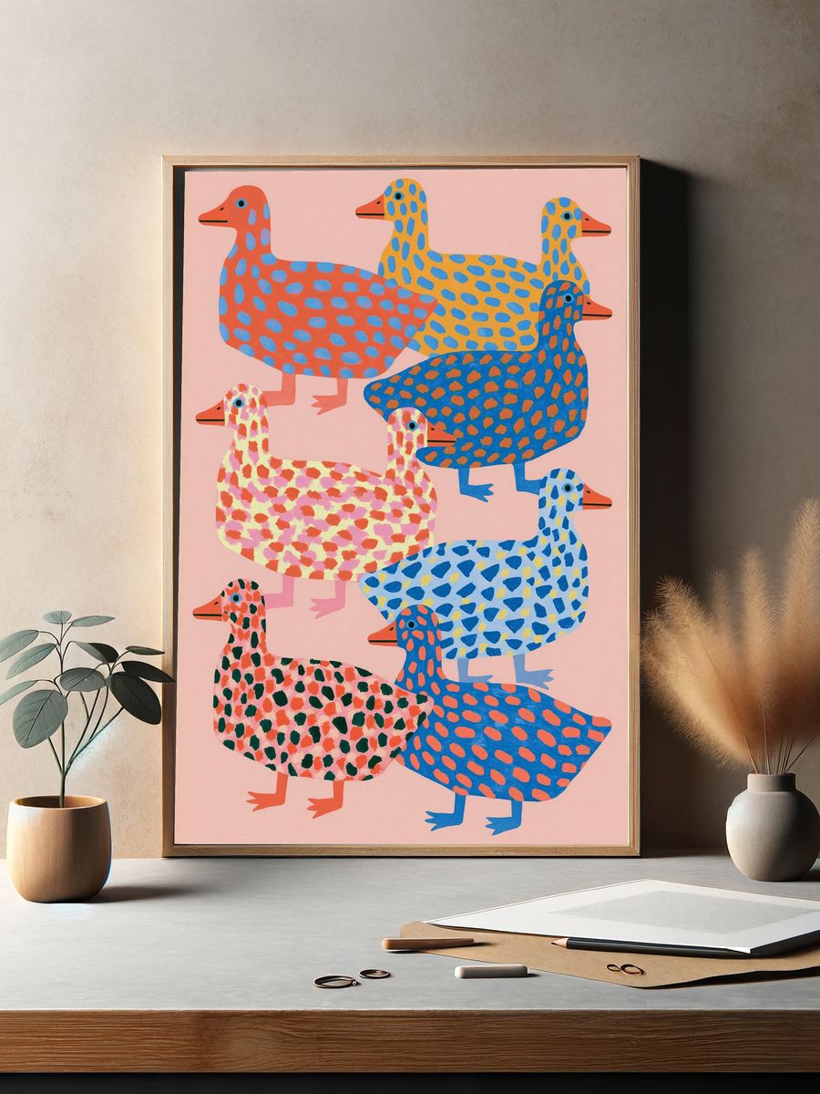 Patterned Ducks Illustration Poster. — room view 2