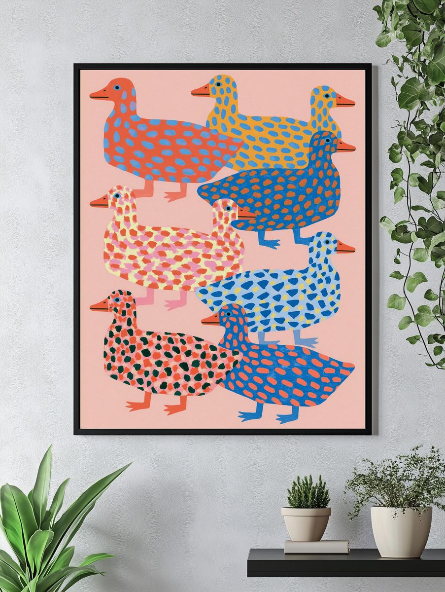 Patterned Ducks Illustration Poster. — room view 4