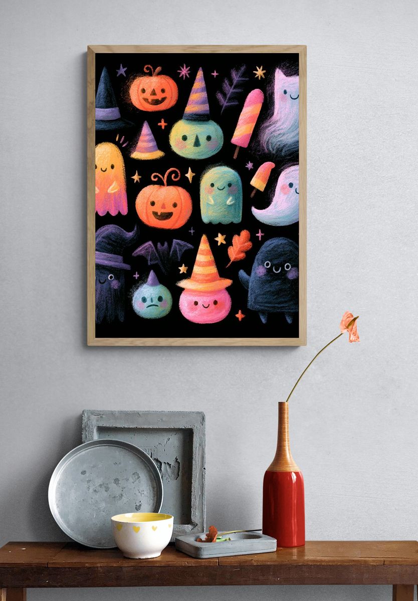 Cute Halloween Ghosts Illustration Poster. — room view 3