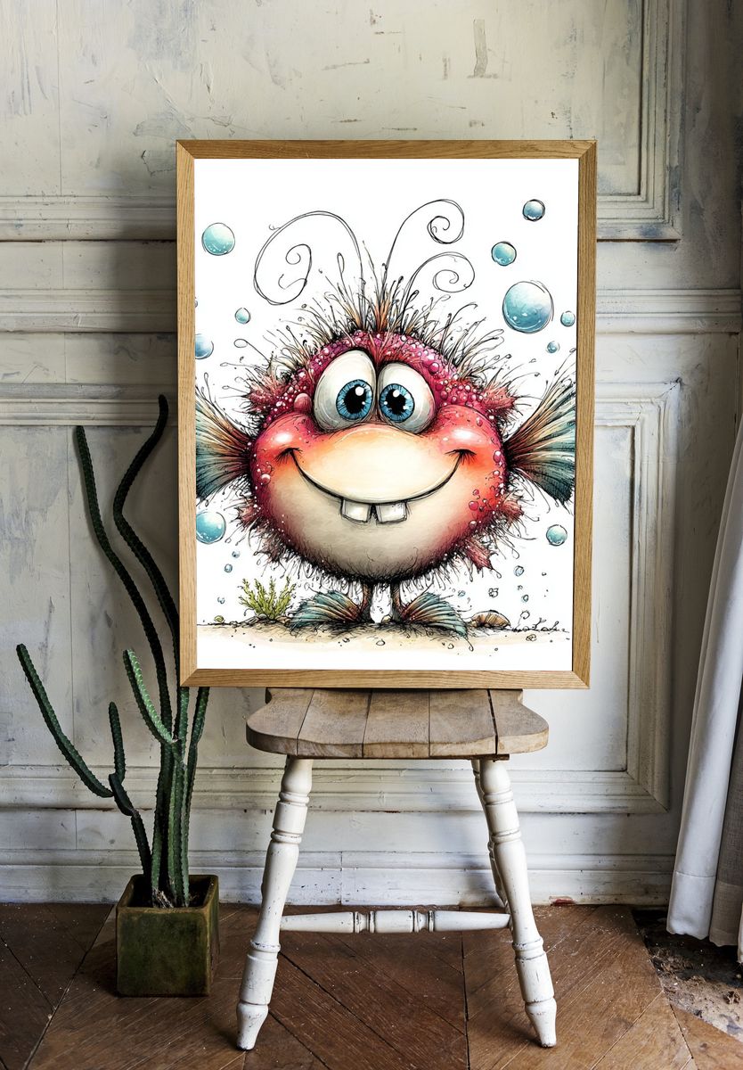 Whimsical Pufferfish Cartoon Print. — room view 1